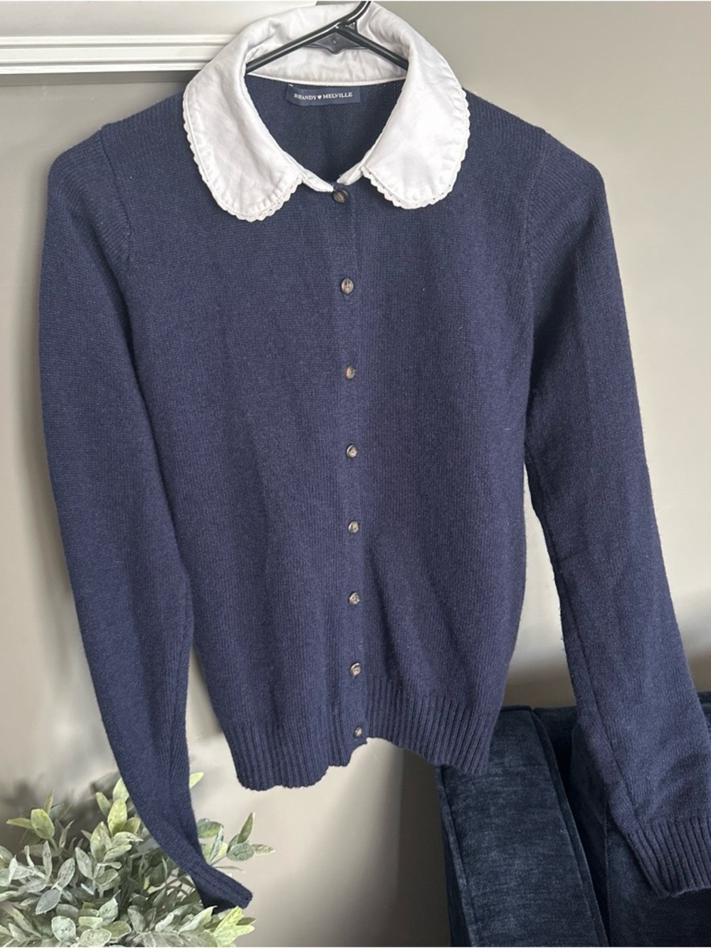 Brandy Melville Navy Button-Front Sweater with White Peter Pan Collar